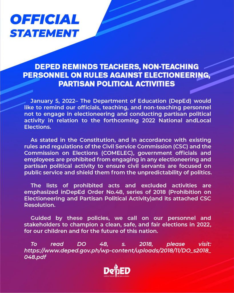 Deped Reminds Teachers Non Teaching Personnel On Rules Against Electioneering Partisan Political Activities Department Of Education